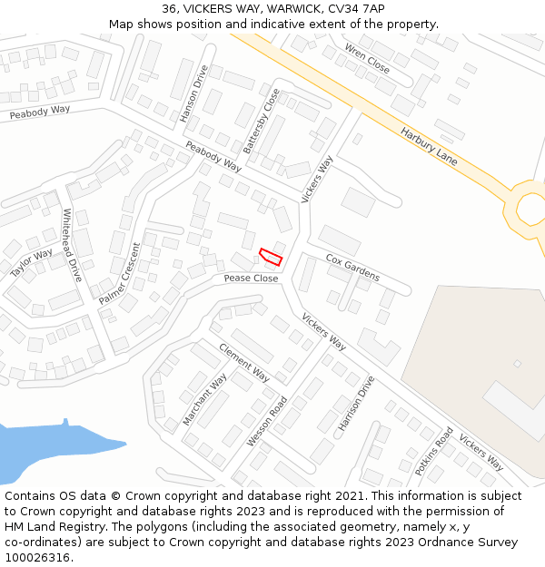 36, VICKERS WAY, WARWICK, CV34 7AP: Location map and indicative extent of plot