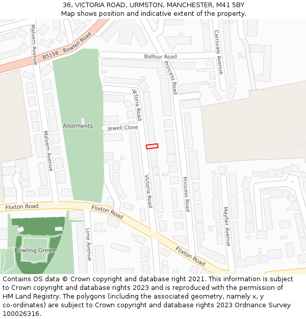 36, VICTORIA ROAD, URMSTON, MANCHESTER, M41 5BY: Location map and indicative extent of plot