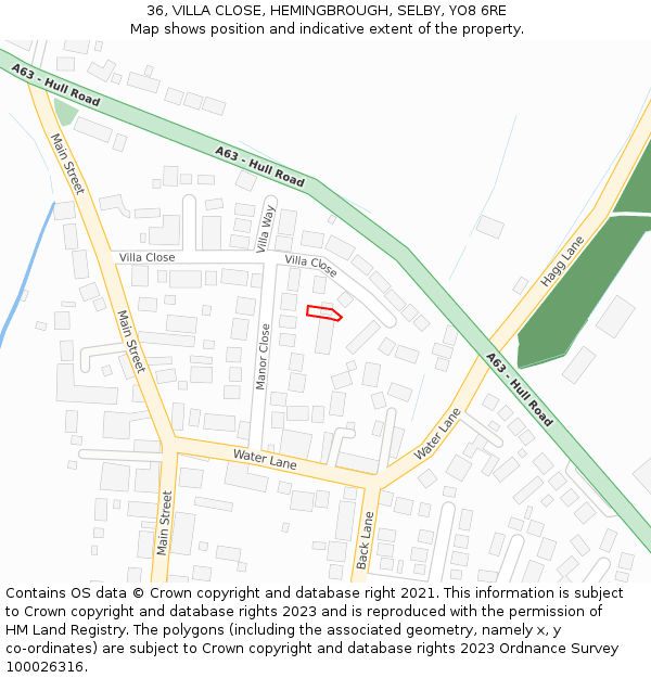 36, VILLA CLOSE, HEMINGBROUGH, SELBY, YO8 6RE: Location map and indicative extent of plot