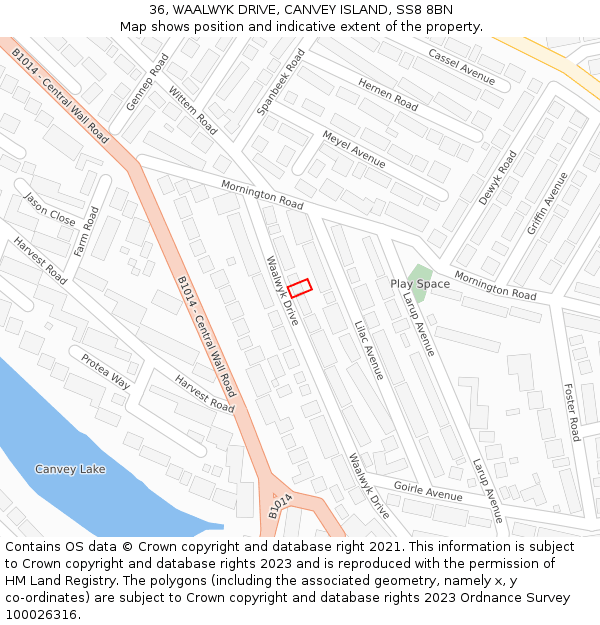 36, WAALWYK DRIVE, CANVEY ISLAND, SS8 8BN: Location map and indicative extent of plot