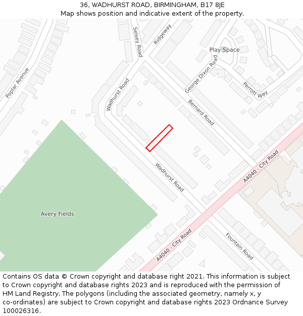 36, WADHURST ROAD, BIRMINGHAM, B17 8JE: Location map and indicative extent of plot