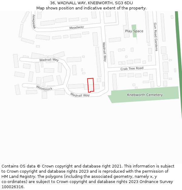 36, WADNALL WAY, KNEBWORTH, SG3 6DU: Location map and indicative extent of plot