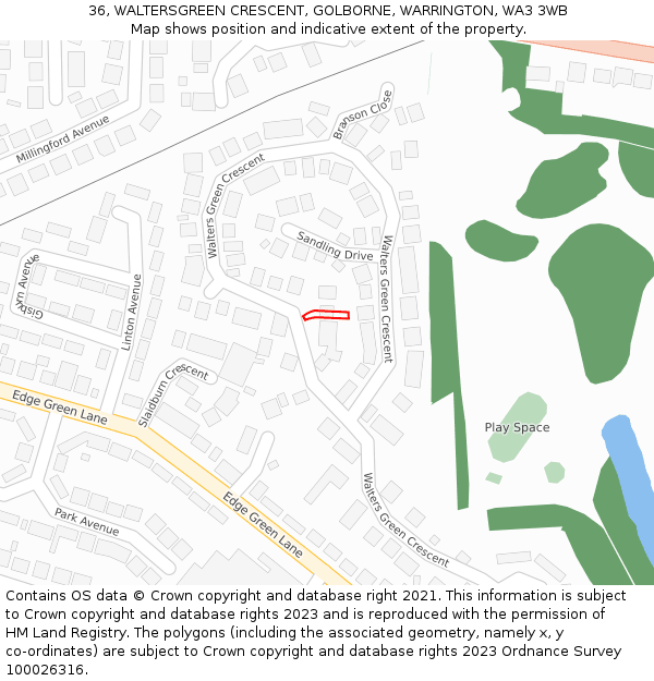 36, WALTERSGREEN CRESCENT, GOLBORNE, WARRINGTON, WA3 3WB: Location map and indicative extent of plot