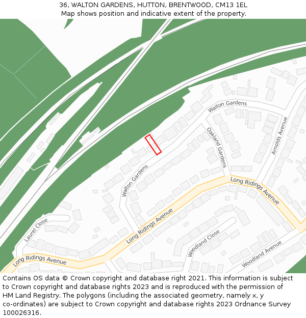 36, WALTON GARDENS, HUTTON, BRENTWOOD, CM13 1EL: Location map and indicative extent of plot