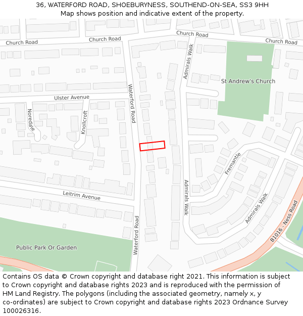 36, WATERFORD ROAD, SHOEBURYNESS, SOUTHEND-ON-SEA, SS3 9HH: Location map and indicative extent of plot