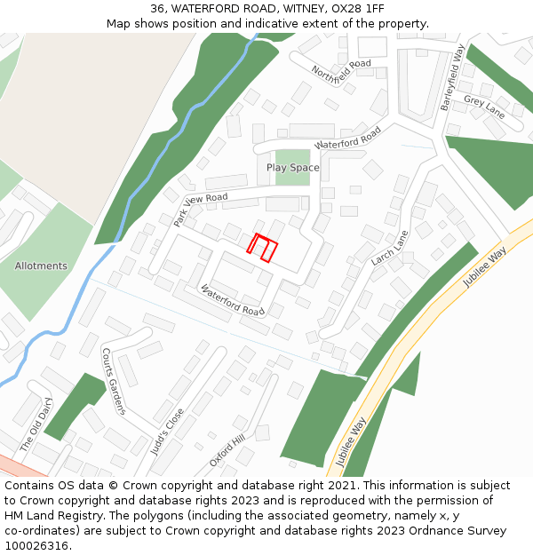 36, WATERFORD ROAD, WITNEY, OX28 1FF: Location map and indicative extent of plot