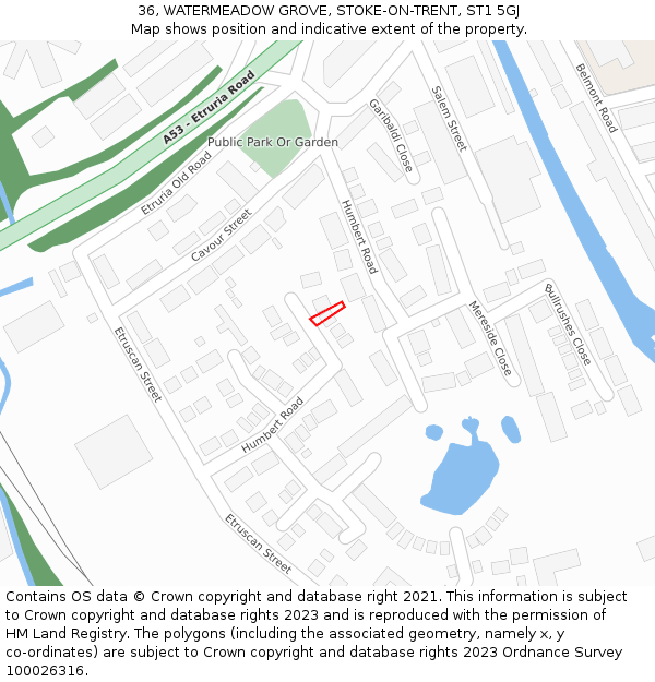 36, WATERMEADOW GROVE, STOKE-ON-TRENT, ST1 5GJ: Location map and indicative extent of plot