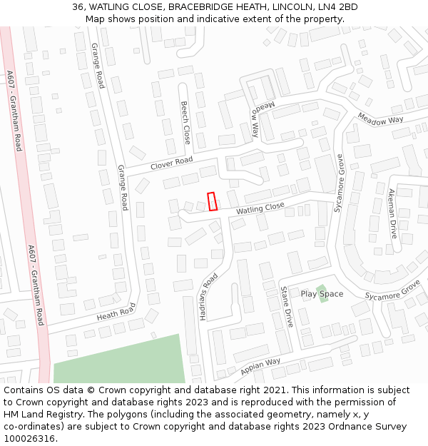 36, WATLING CLOSE, BRACEBRIDGE HEATH, LINCOLN, LN4 2BD: Location map and indicative extent of plot