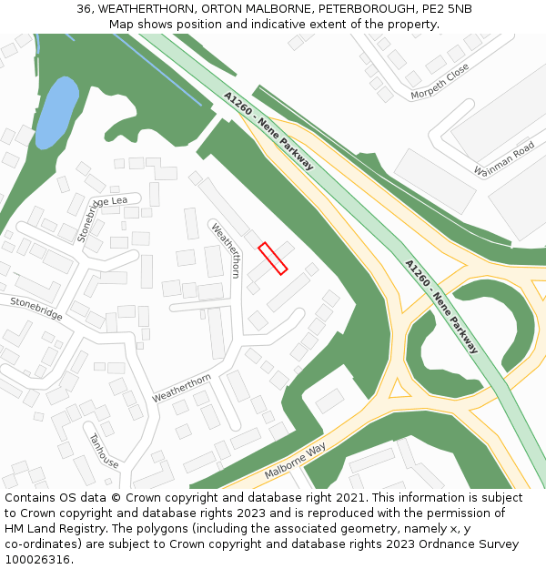 36, WEATHERTHORN, ORTON MALBORNE, PETERBOROUGH, PE2 5NB: Location map and indicative extent of plot