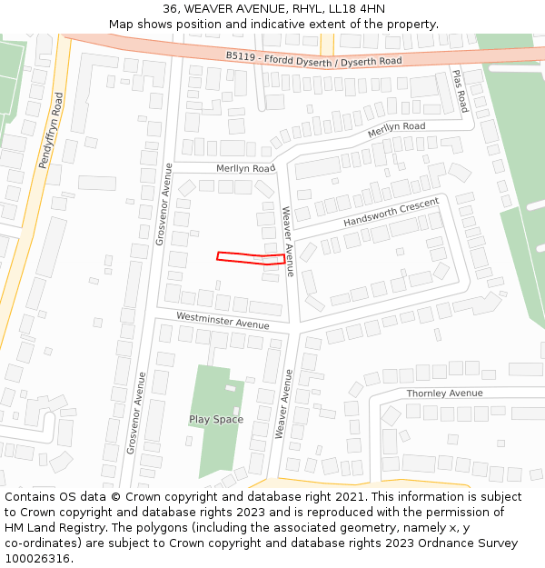 36, WEAVER AVENUE, RHYL, LL18 4HN: Location map and indicative extent of plot