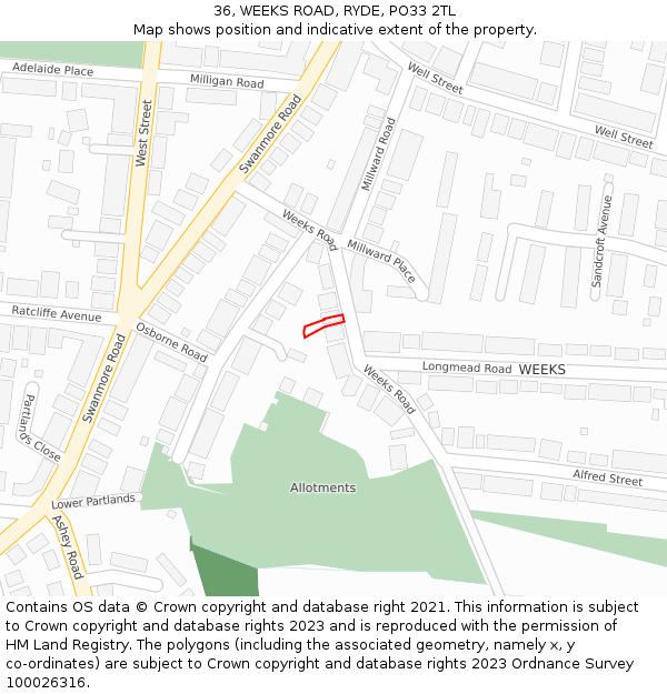 36, WEEKS ROAD, RYDE, PO33 2TL: Location map and indicative extent of plot