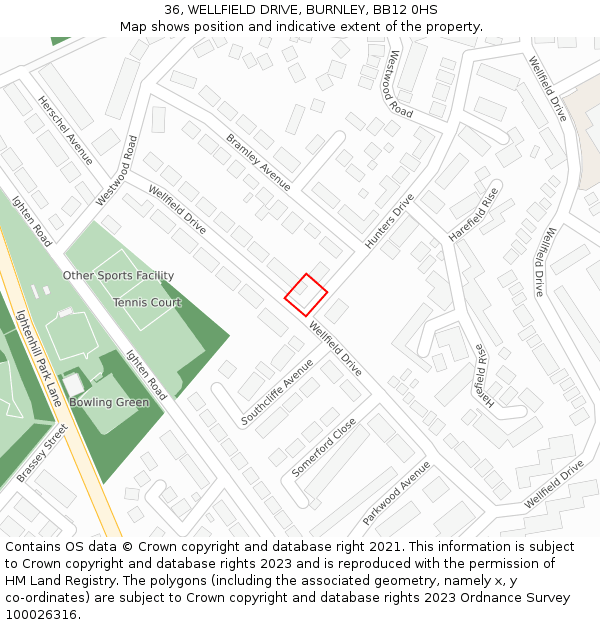 36, WELLFIELD DRIVE, BURNLEY, BB12 0HS: Location map and indicative extent of plot