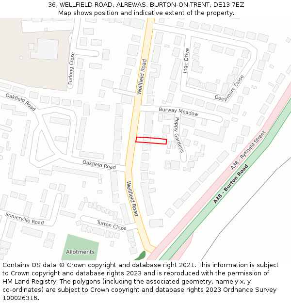 36, WELLFIELD ROAD, ALREWAS, BURTON-ON-TRENT, DE13 7EZ: Location map and indicative extent of plot