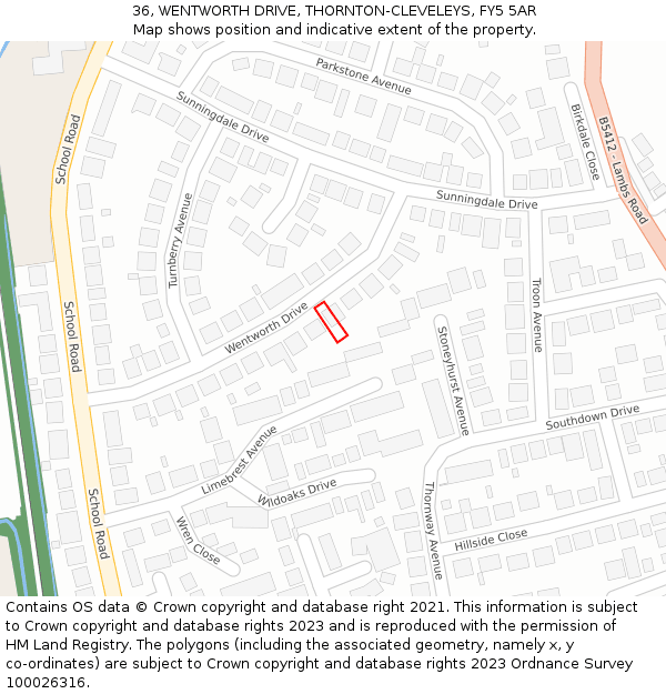 36, WENTWORTH DRIVE, THORNTON-CLEVELEYS, FY5 5AR: Location map and indicative extent of plot