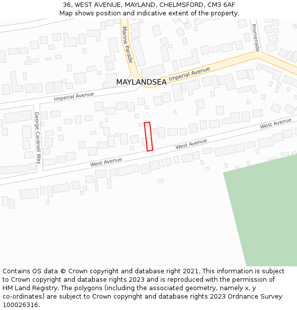 36, WEST AVENUE, MAYLAND, CHELMSFORD, CM3 6AF: Location map and indicative extent of plot