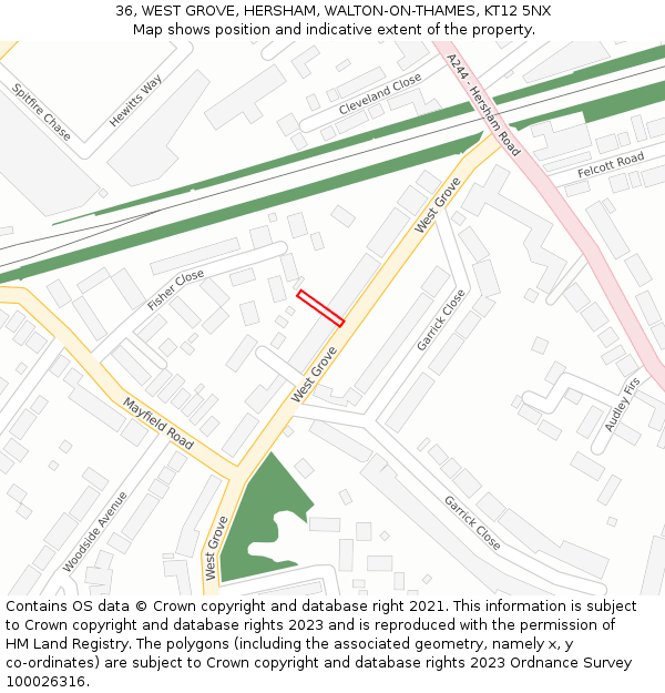 36, WEST GROVE, HERSHAM, WALTON-ON-THAMES, KT12 5NX: Location map and indicative extent of plot