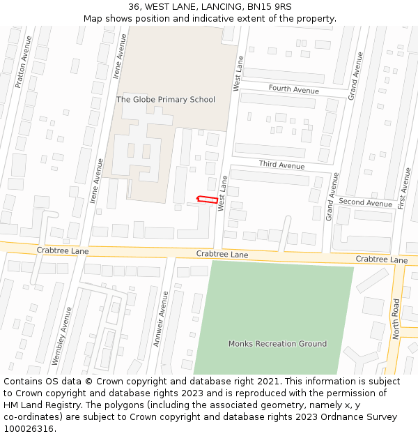 36, WEST LANE, LANCING, BN15 9RS: Location map and indicative extent of plot