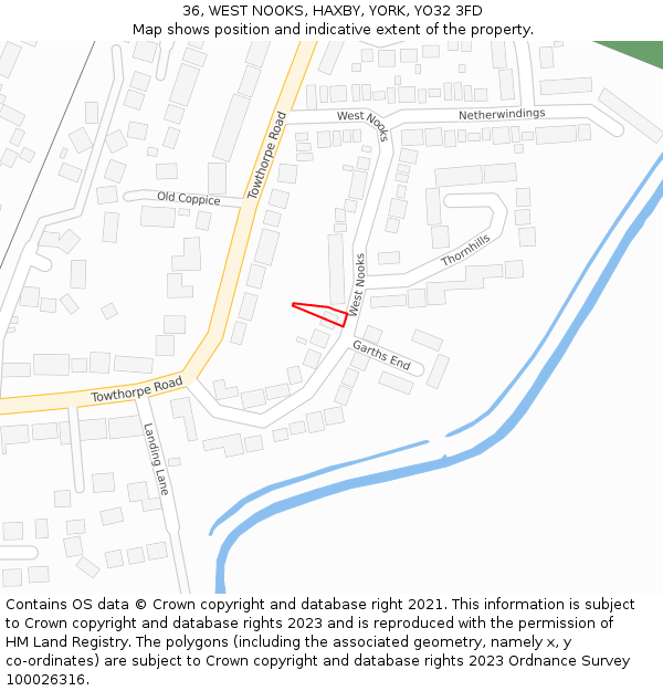 36, WEST NOOKS, HAXBY, YORK, YO32 3FD: Location map and indicative extent of plot