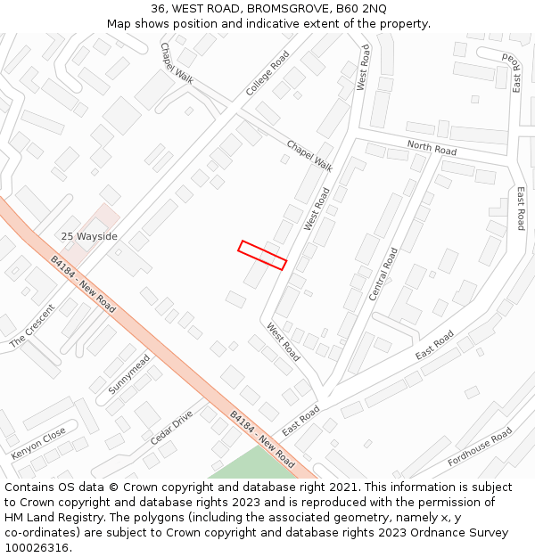 36, WEST ROAD, BROMSGROVE, B60 2NQ: Location map and indicative extent of plot