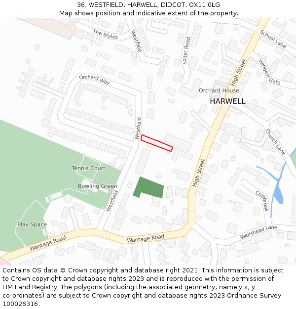 36, WESTFIELD, HARWELL, DIDCOT, OX11 0LG: Location map and indicative extent of plot