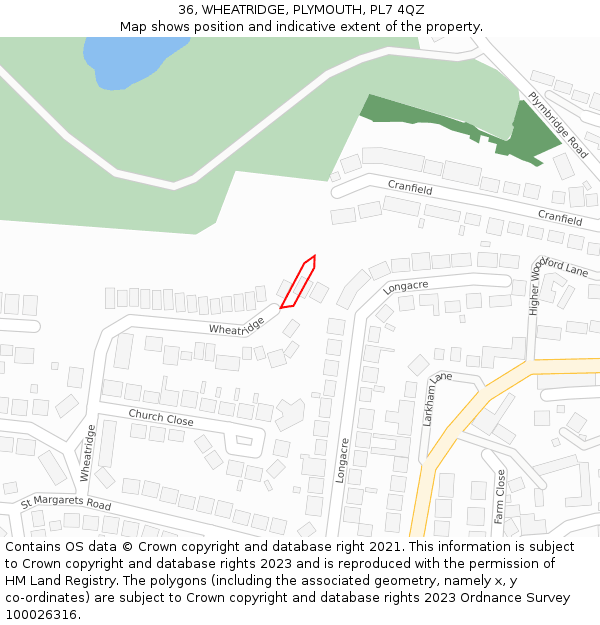 36, WHEATRIDGE, PLYMOUTH, PL7 4QZ: Location map and indicative extent of plot