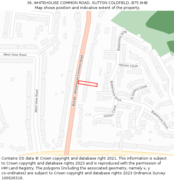 36, WHITEHOUSE COMMON ROAD, SUTTON COLDFIELD, B75 6HB: Location map and indicative extent of plot