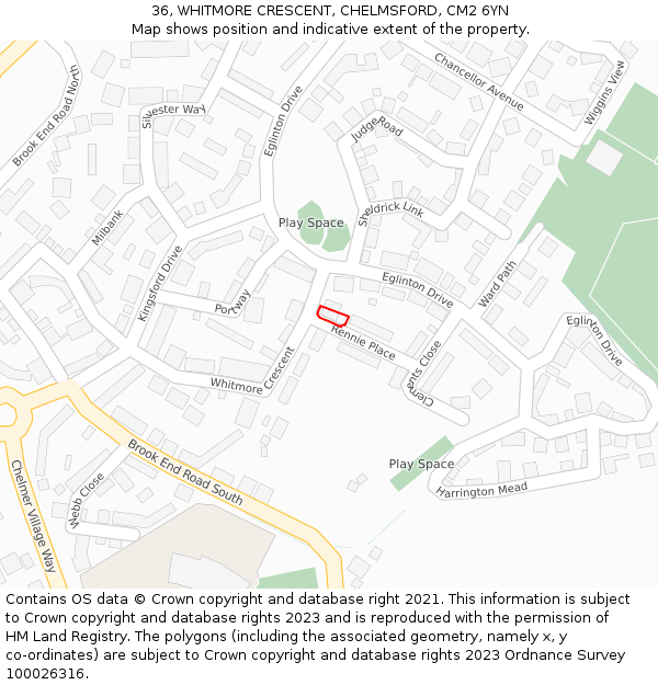 36, WHITMORE CRESCENT, CHELMSFORD, CM2 6YN: Location map and indicative extent of plot