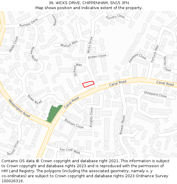 36, WICKS DRIVE, CHIPPENHAM, SN15 3FN: Location map and indicative extent of plot