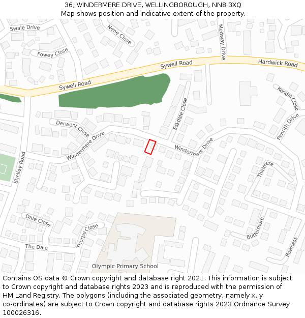 36, WINDERMERE DRIVE, WELLINGBOROUGH, NN8 3XQ: Location map and indicative extent of plot