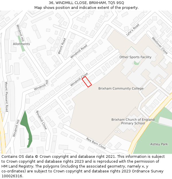 36, WINDMILL CLOSE, BRIXHAM, TQ5 9SQ: Location map and indicative extent of plot