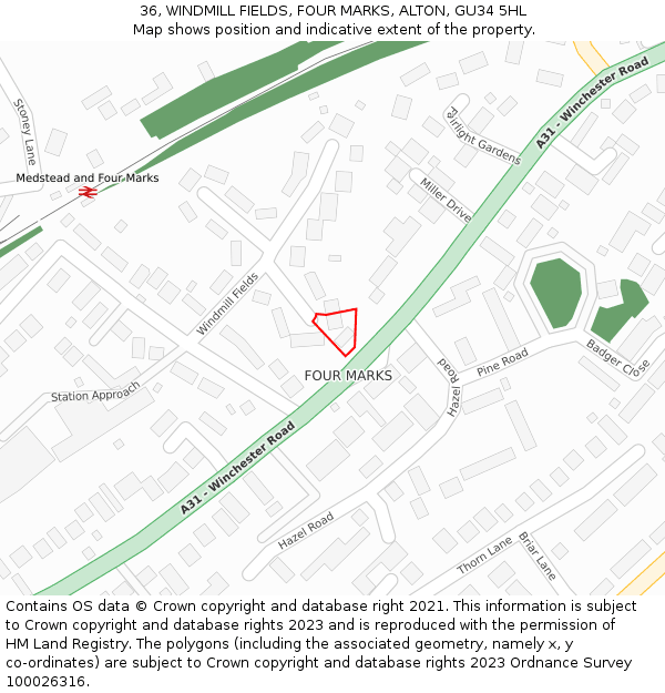 36, WINDMILL FIELDS, FOUR MARKS, ALTON, GU34 5HL: Location map and indicative extent of plot