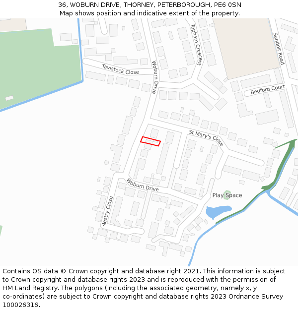 36, WOBURN DRIVE, THORNEY, PETERBOROUGH, PE6 0SN: Location map and indicative extent of plot