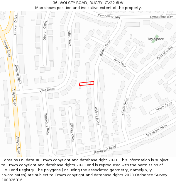 36, WOLSEY ROAD, RUGBY, CV22 6LW: Location map and indicative extent of plot