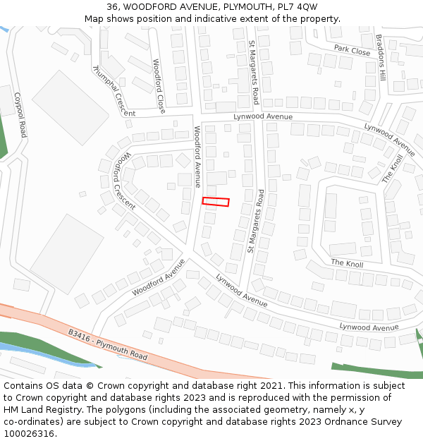 36, WOODFORD AVENUE, PLYMOUTH, PL7 4QW: Location map and indicative extent of plot