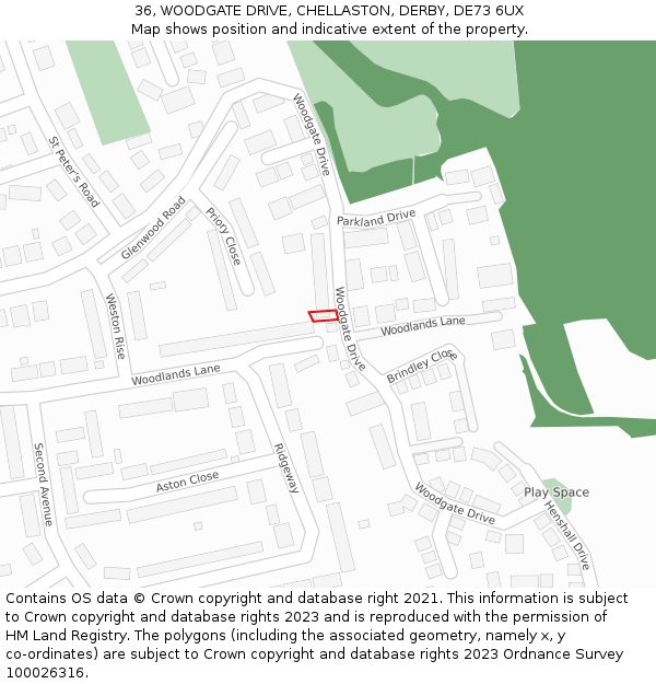 36, WOODGATE DRIVE, CHELLASTON, DERBY, DE73 6UX: Location map and indicative extent of plot