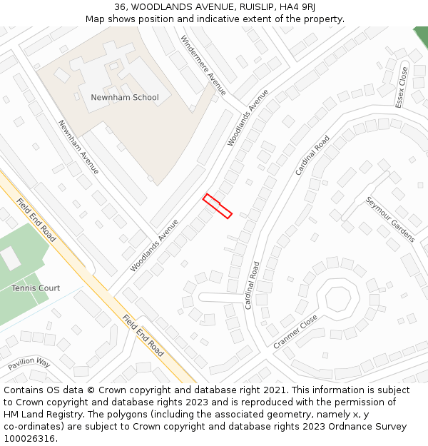 36, WOODLANDS AVENUE, RUISLIP, HA4 9RJ: Location map and indicative extent of plot