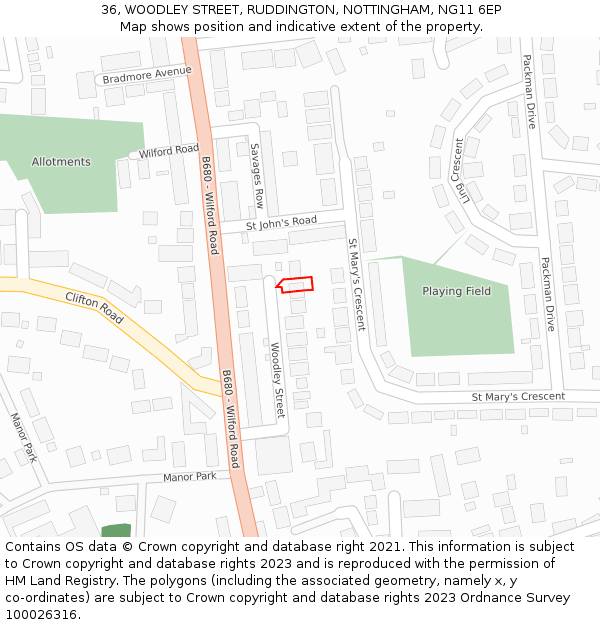 36, WOODLEY STREET, RUDDINGTON, NOTTINGHAM, NG11 6EP: Location map and indicative extent of plot