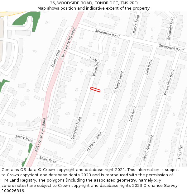 36, WOODSIDE ROAD, TONBRIDGE, TN9 2PD: Location map and indicative extent of plot