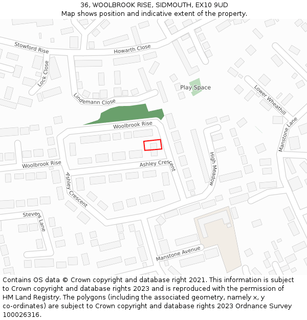 36, WOOLBROOK RISE, SIDMOUTH, EX10 9UD: Location map and indicative extent of plot