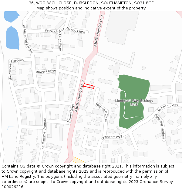 36, WOOLWICH CLOSE, BURSLEDON, SOUTHAMPTON, SO31 8GE: Location map and indicative extent of plot