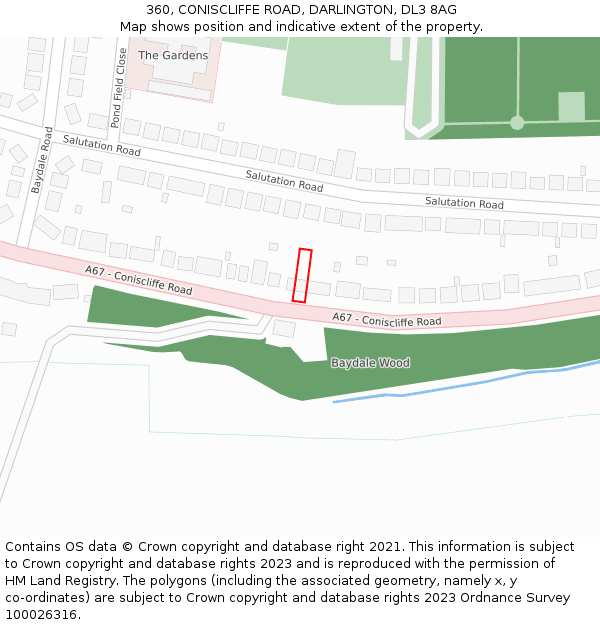 360, CONISCLIFFE ROAD, DARLINGTON, DL3 8AG: Location map and indicative extent of plot