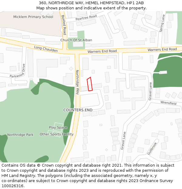 360, NORTHRIDGE WAY, HEMEL HEMPSTEAD, HP1 2AB: Location map and indicative extent of plot