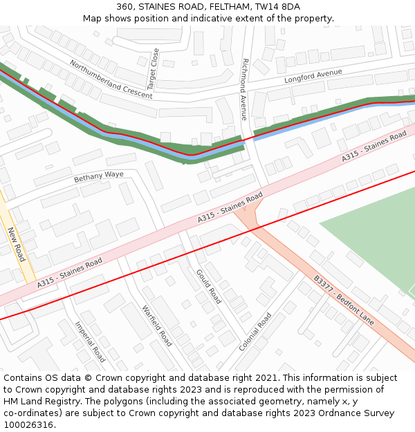 360, STAINES ROAD, FELTHAM, TW14 8DA: Location map and indicative extent of plot