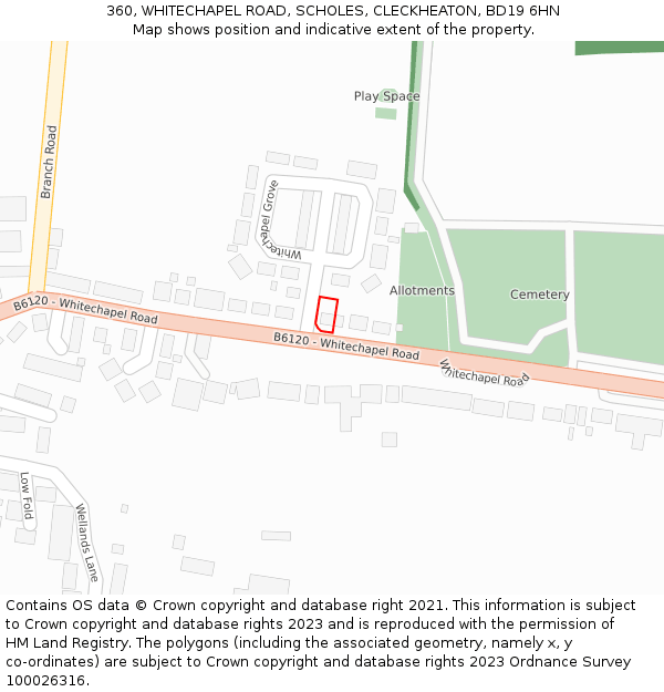 360, WHITECHAPEL ROAD, SCHOLES, CLECKHEATON, BD19 6HN: Location map and indicative extent of plot