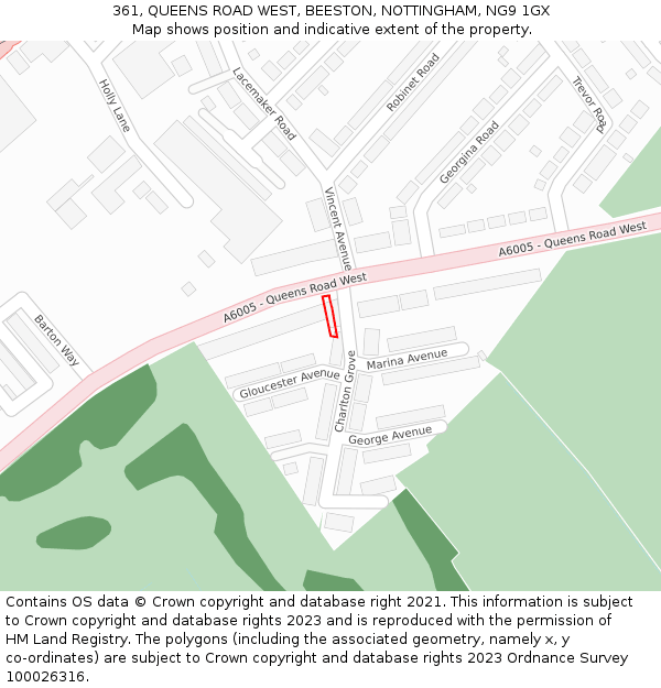 361, QUEENS ROAD WEST, BEESTON, NOTTINGHAM, NG9 1GX: Location map and indicative extent of plot