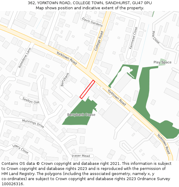 362, YORKTOWN ROAD, COLLEGE TOWN, SANDHURST, GU47 0PU: Location map and indicative extent of plot