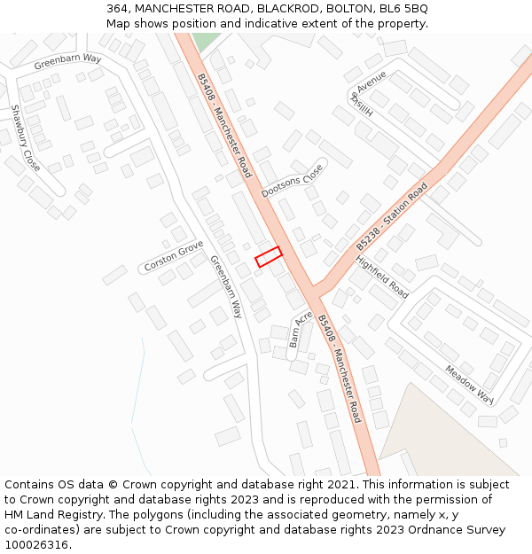 364, MANCHESTER ROAD, BLACKROD, BOLTON, BL6 5BQ: Location map and indicative extent of plot