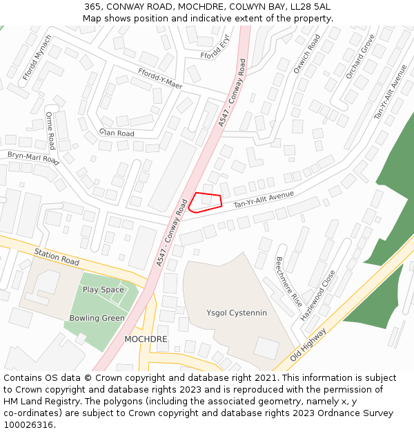 365, CONWAY ROAD, MOCHDRE, COLWYN BAY, LL28 5AL: Location map and indicative extent of plot