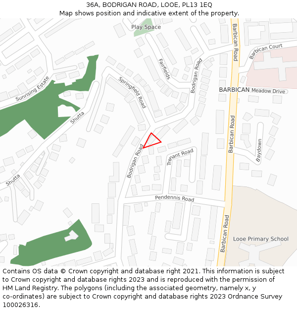 36A, BODRIGAN ROAD, LOOE, PL13 1EQ: Location map and indicative extent of plot