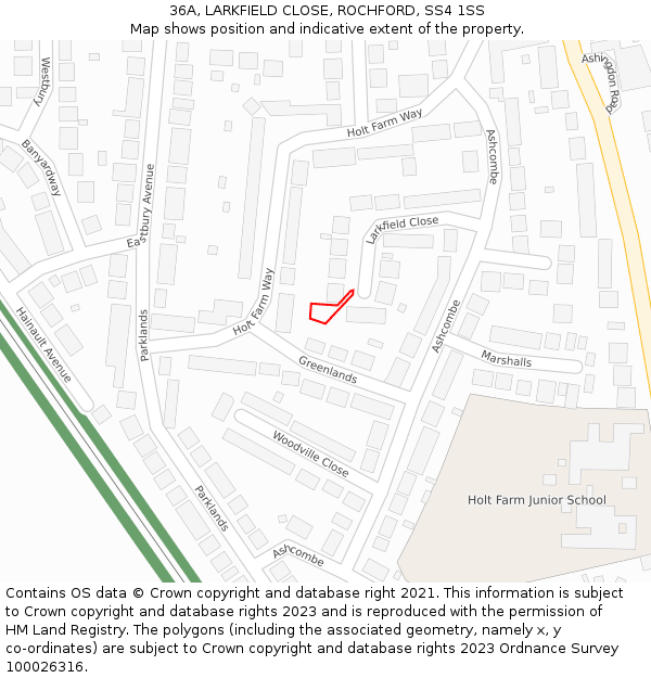 36A, LARKFIELD CLOSE, ROCHFORD, SS4 1SS: Location map and indicative extent of plot